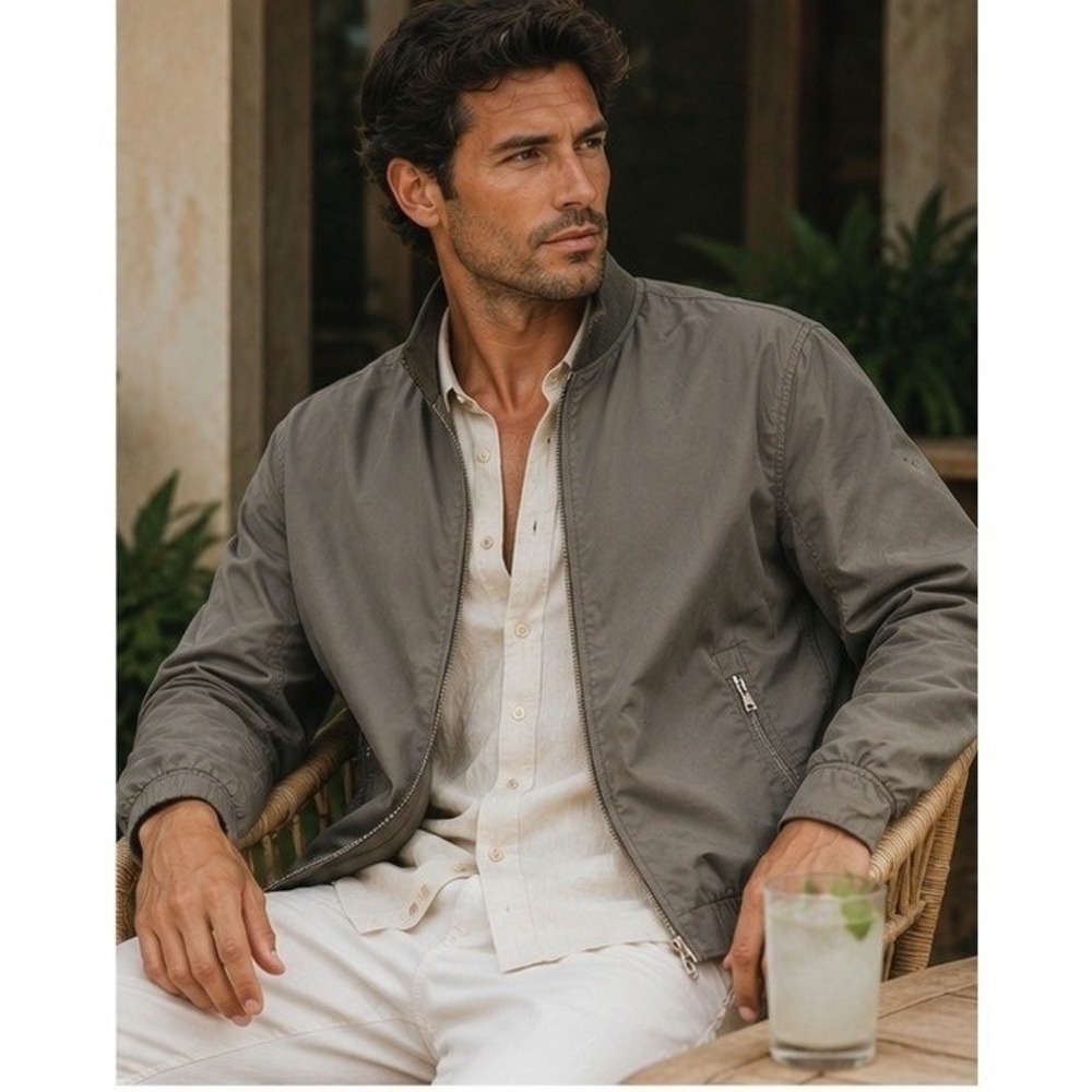 Tommy Bahama Mens Full Zip Bomber Jacket Olive Taupe‎ Cotton Blend Size L Earthy